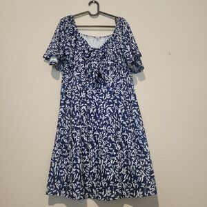 Navy Floral Short Sleeve Mini Dress with Tie Front